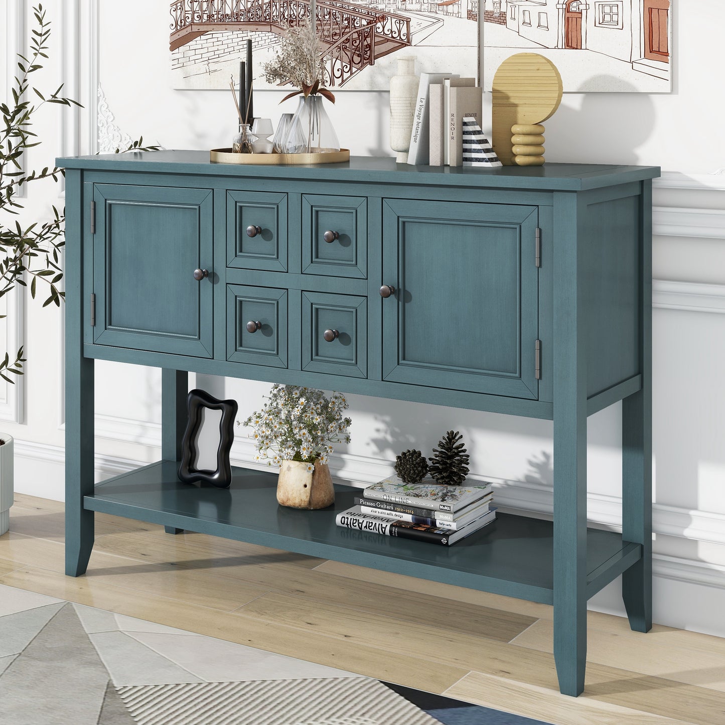 REXM Cambridge Series Spacious Storage Retro Console Desk with Four Small Drawers and Bottom Shelf - The Nex Store