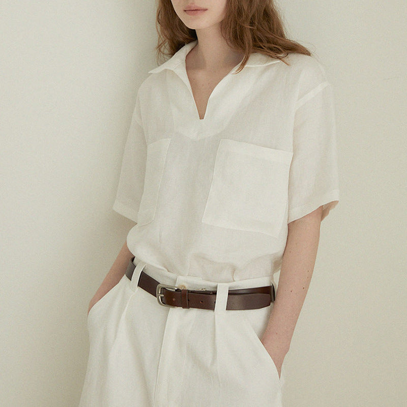 Linen Shirt V-neck Loose Women's High-end Blouse Summer Wide Silhouette Short-sleeved Turn-down Collar Top - The Nex Store
