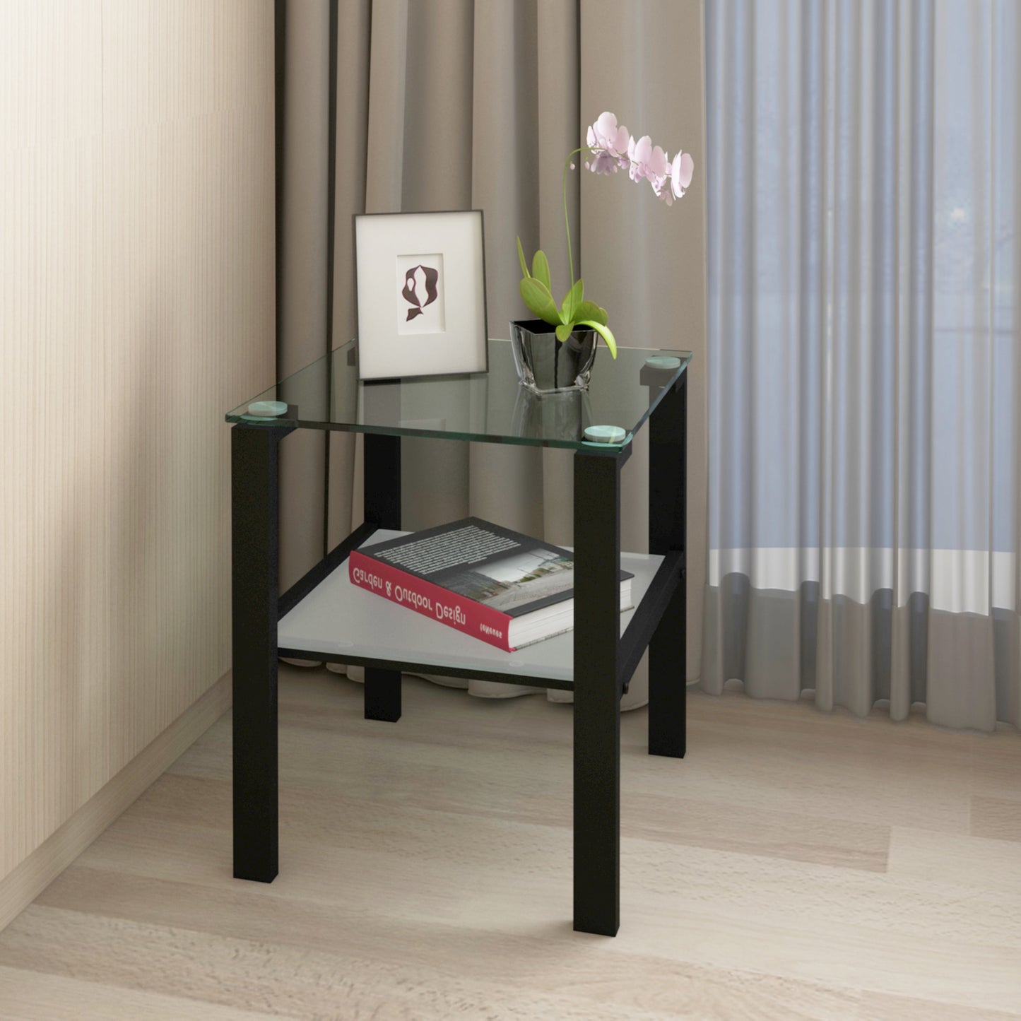Glass two layer tea table, small round table, bedroom corner table, living room black side table - The Nex Store