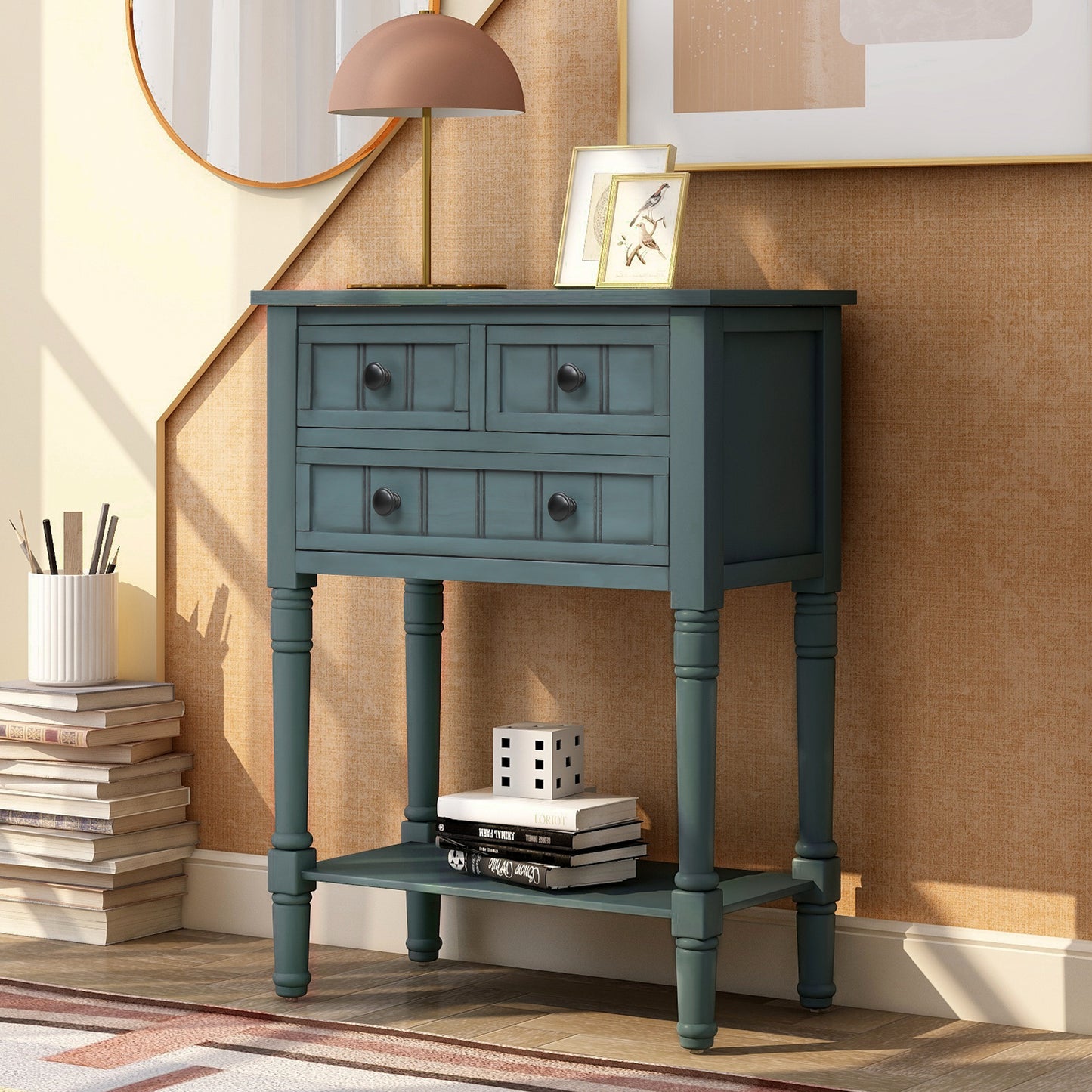TREXM Narrow Console Table, Slim Sofa Table with Three Storage Drawers and Bottom Shelf for Living Room, Easy Assembly (Navy) - The Nex Store