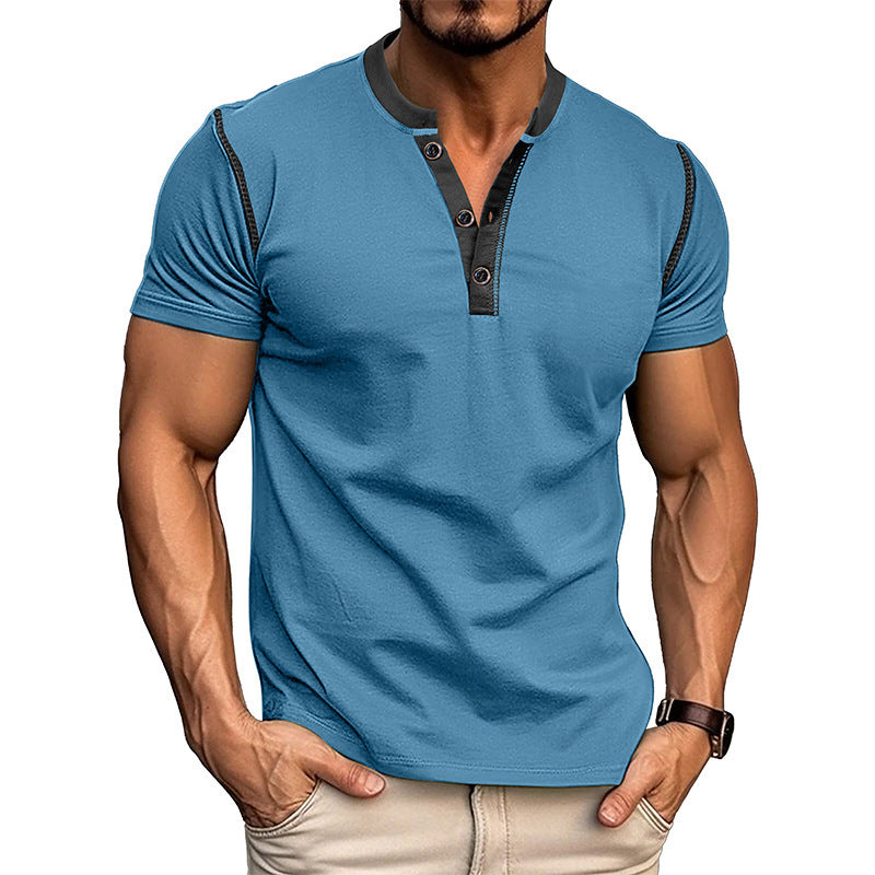 Fashion Short-sleeved Polo Shirt Summer Button V-neck T-shirt Tops Mens Clothing - The Nex Store