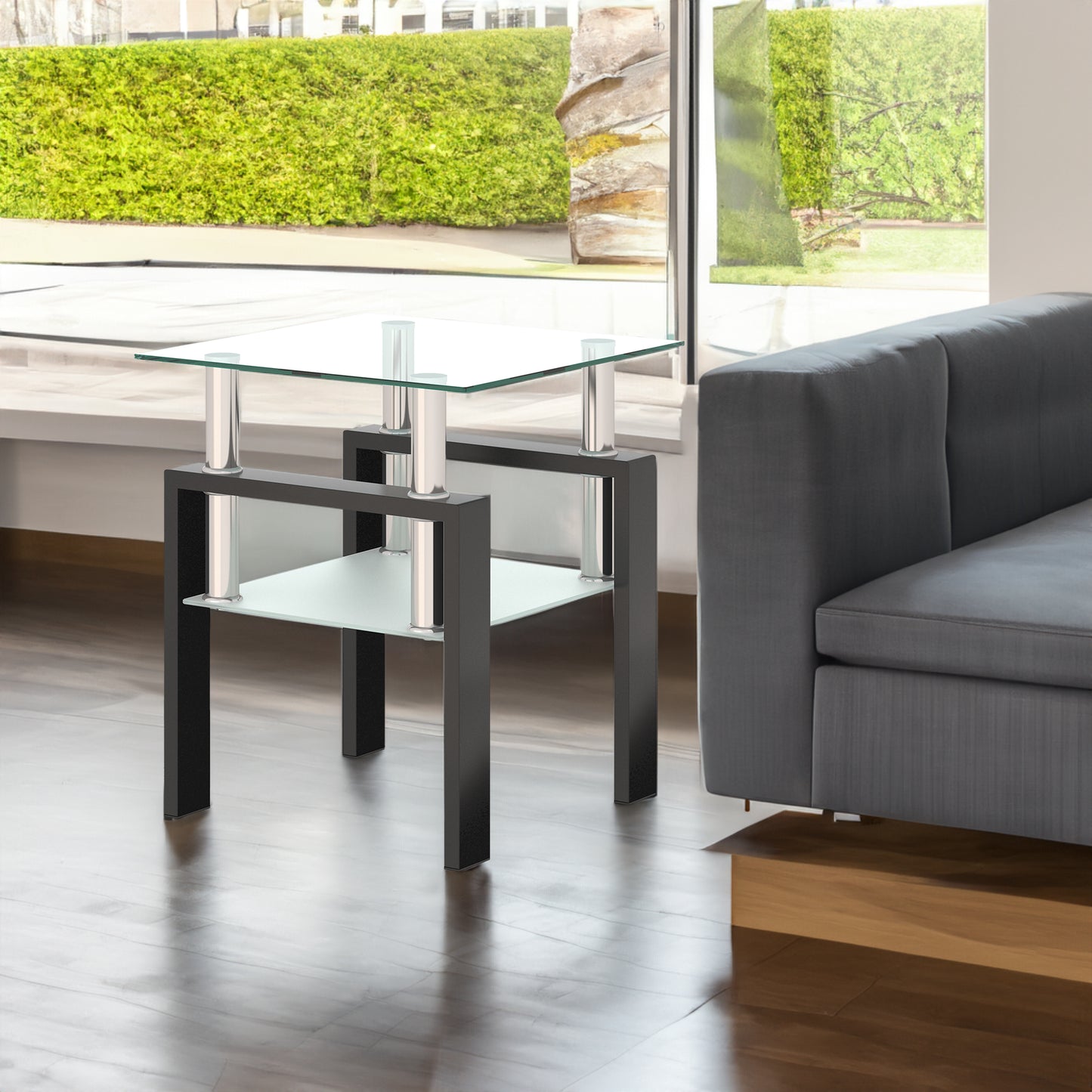1-Piece Modern Tempered Glass Tea Table Coffee Table End Table, Square Table for Living Room, Transparent/Black - The Nex Store
