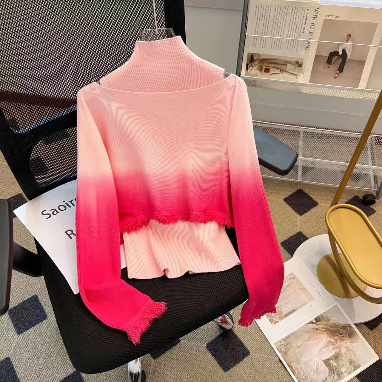 High end and stylish women's gradient color sweater, knitted cape, tea style outfit top, autumn and winter ins trend - The Nex Store