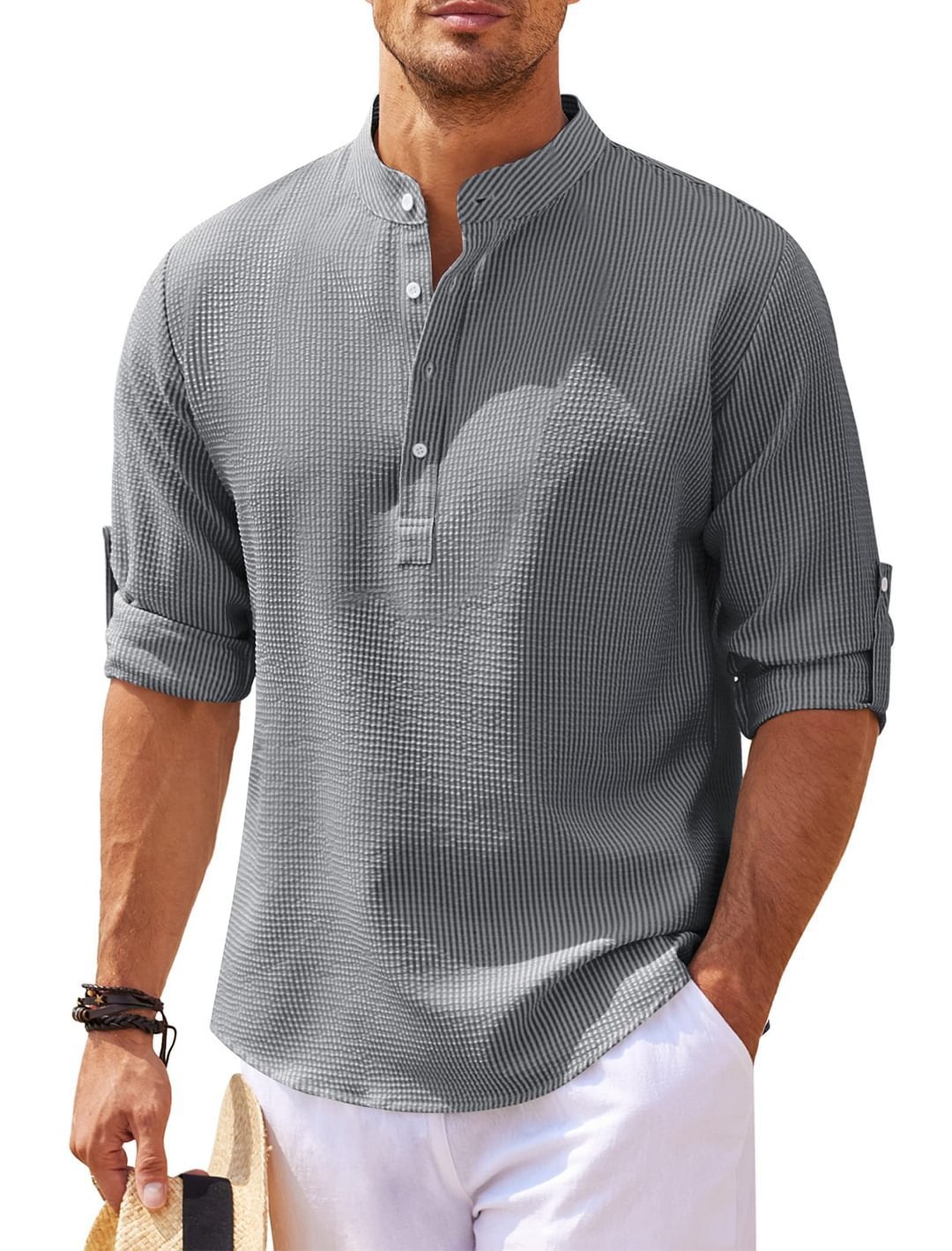 Men's Casual Shirt Long Sleeve Stand Collar Solid Color Shirt Mens Clothing - The Nex Store