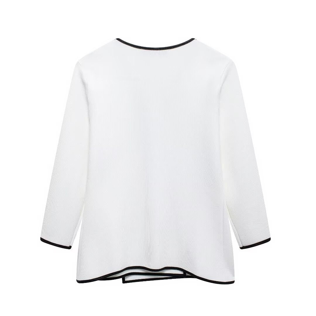 European and American autumn new style temperament V-neck contrasting side length sleeves solid color cardigan for women - The Nex Store