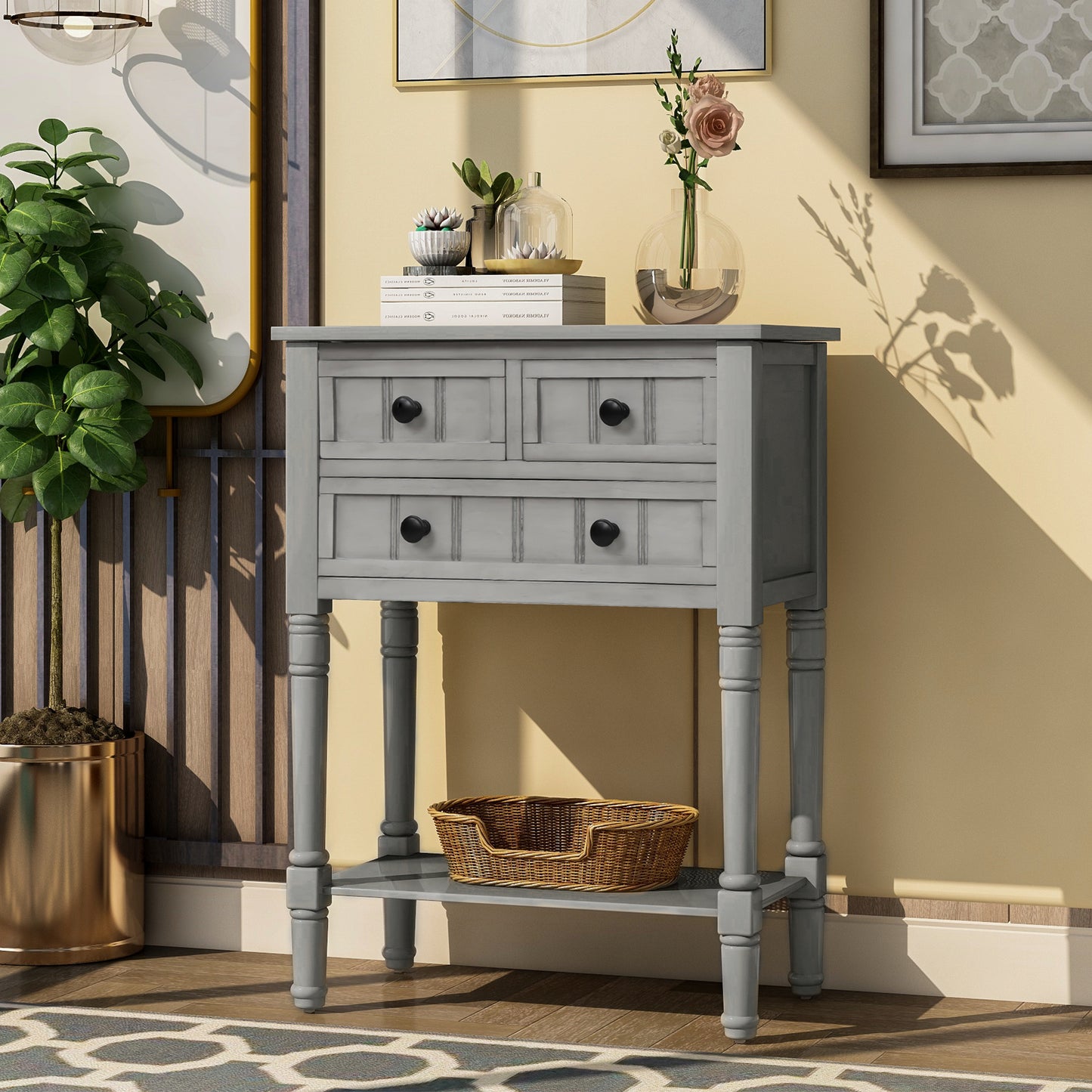 TREXM Narrow Console Desk, Thin Sofa Table with Three Storage Drawers and Living Room Bottom Shelves (Grey Washed) - The Nex Store