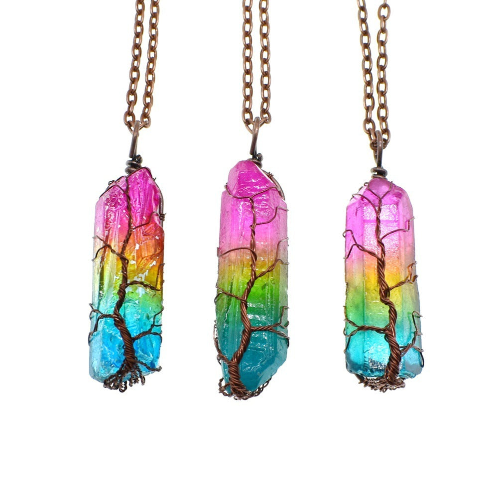 Hot Selling Stone Crystal Pillar Tree Of Life Pendant Ins Fashion Necklace - The Nex Store