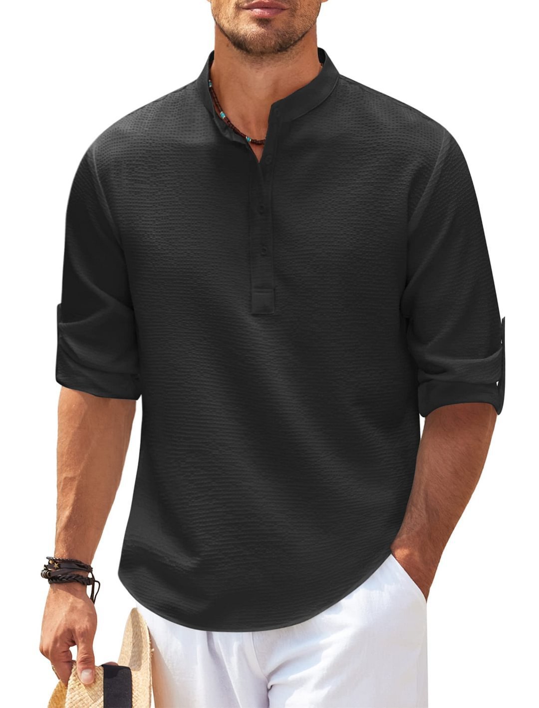 Men's Casual Shirt Long Sleeve Stand Collar Solid Color Shirt Mens Clothing - The Nex Store