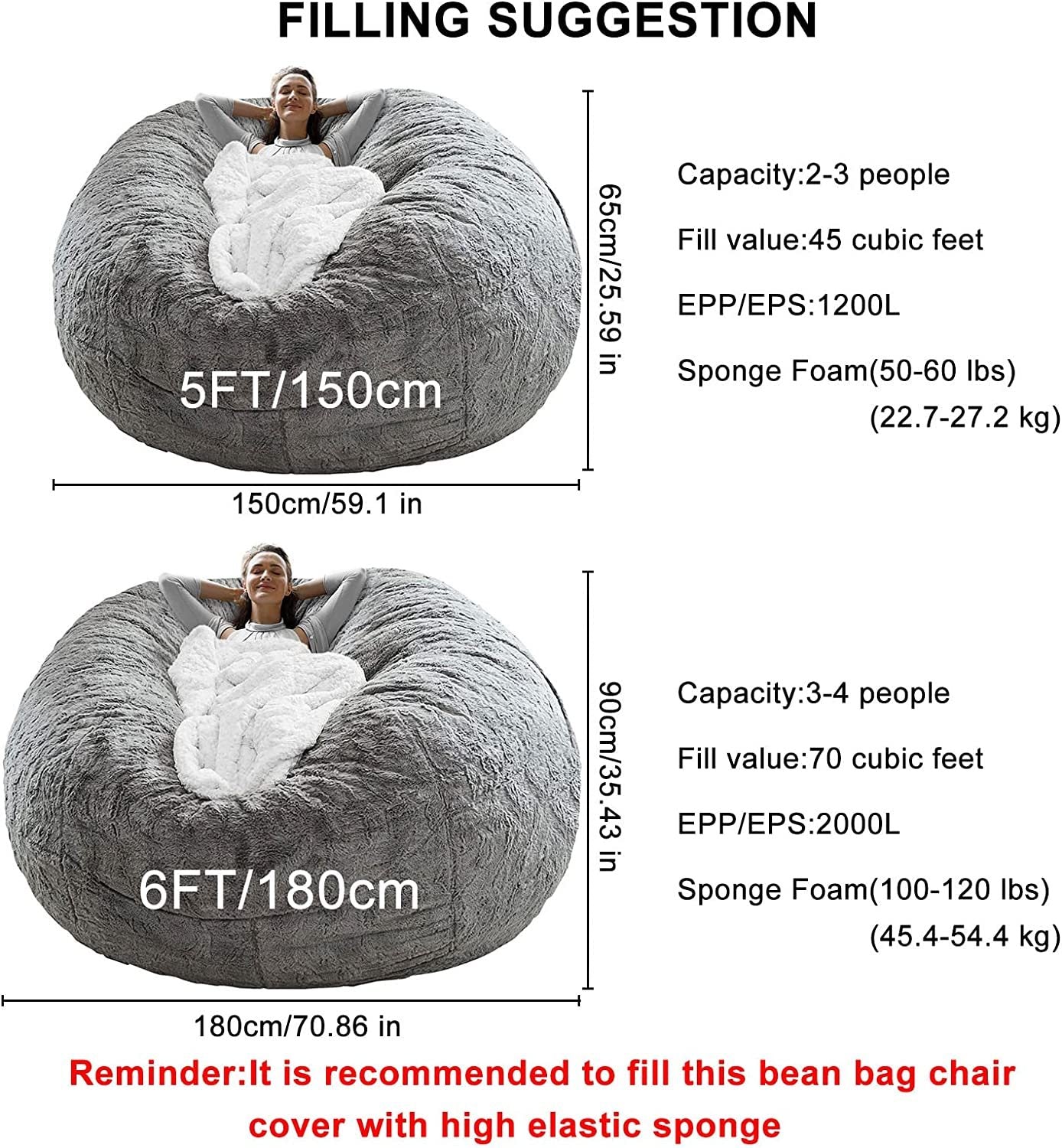 Bag Chair Coverit Was Only A Cover, Not A Full Bean Bag Chair Cushion,Big Round Soft Fluffy PV Velvet Sofa Bed Cover, Living Room Furniture, Lazy Sofa Bed Cover,5ft Black - The Nex Store