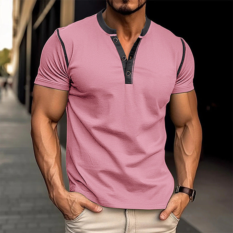 Fashion Short-sleeved Polo Shirt Summer Button V-neck T-shirt Tops Mens Clothing - The Nex Store