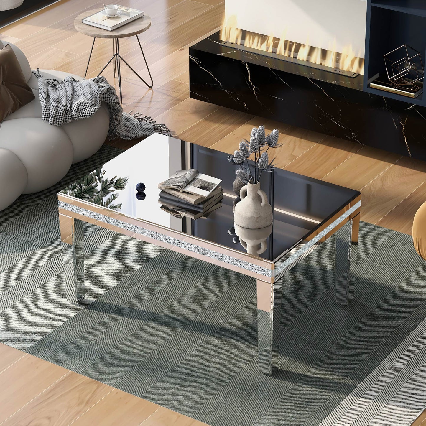 The ON-TRANS stylish modern glass mirrored coffee table features a crystal design and adjustable height legs in silver - The Nex Store