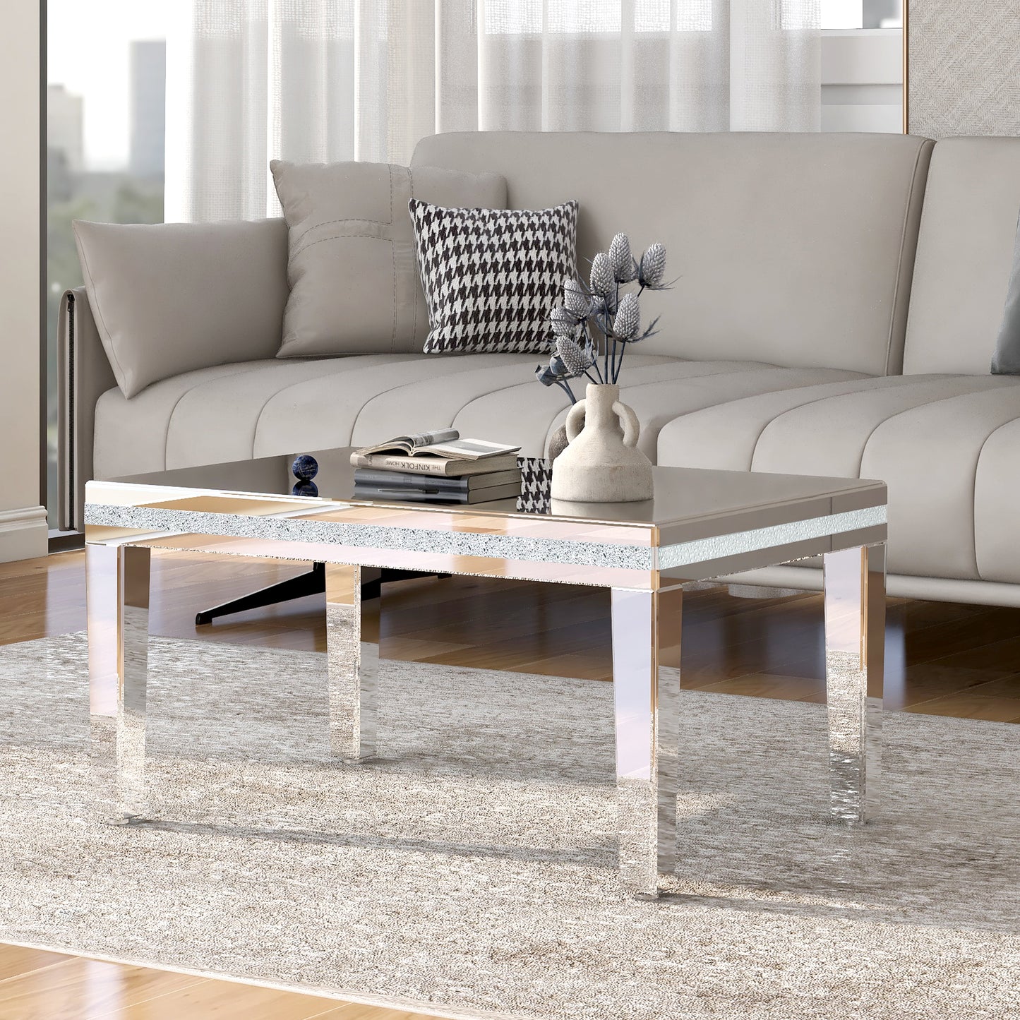 The ON-TRANS stylish modern glass mirrored coffee table features a crystal design and adjustable height legs in silver - The Nex Store
