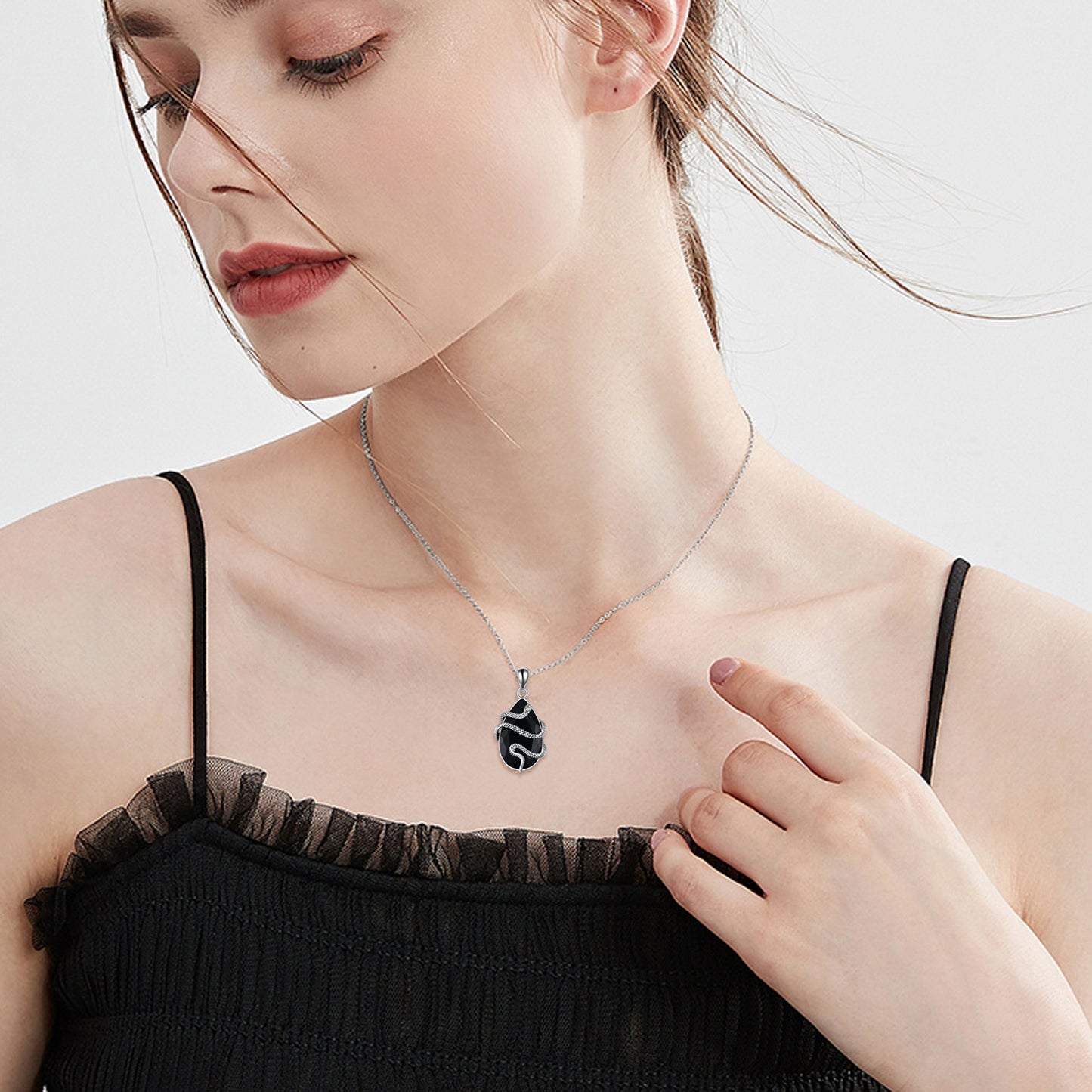 Sterling Silver Black Obsidian Tourmaline Crystal Snake Necklace Jewelry as Gifts - The Nex Store