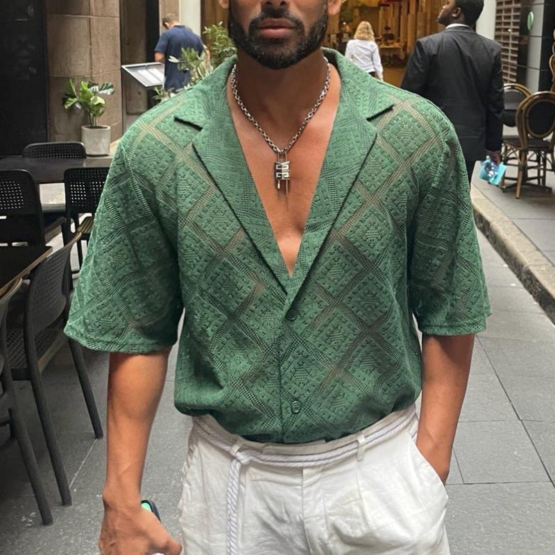 Fashion Mens Clothing Men's Hollow-out Breathable Short-sleeved Lapel Casual Shirt - The Nex Store