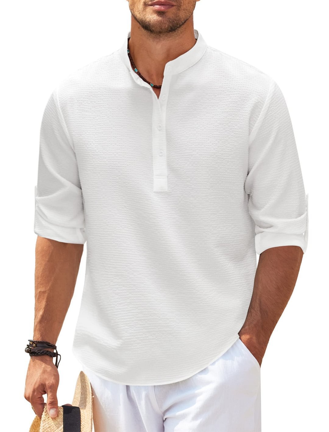Men's Casual Shirt Long Sleeve Stand Collar Solid Color Shirt Mens Clothing - The Nex Store