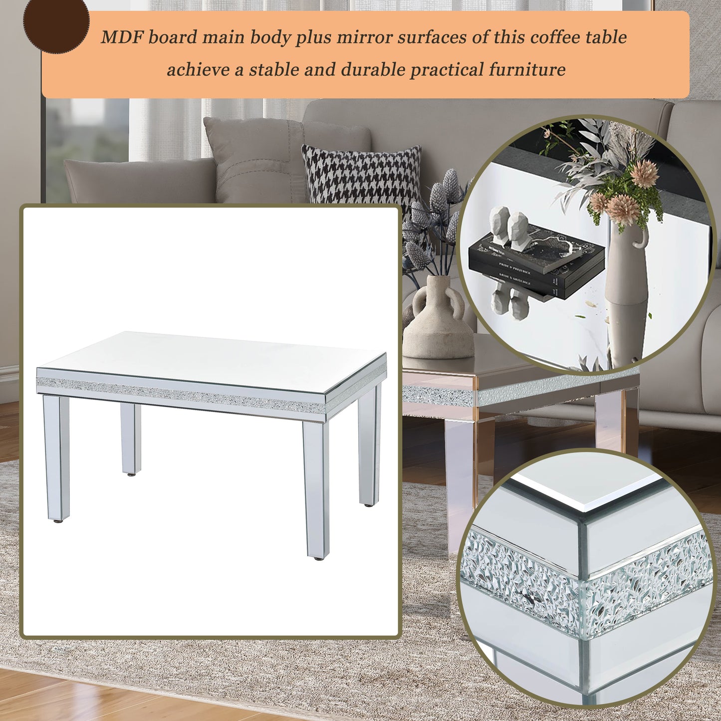 The ON-TRANS stylish modern glass mirrored coffee table features a crystal design and adjustable height legs in silver - The Nex Store