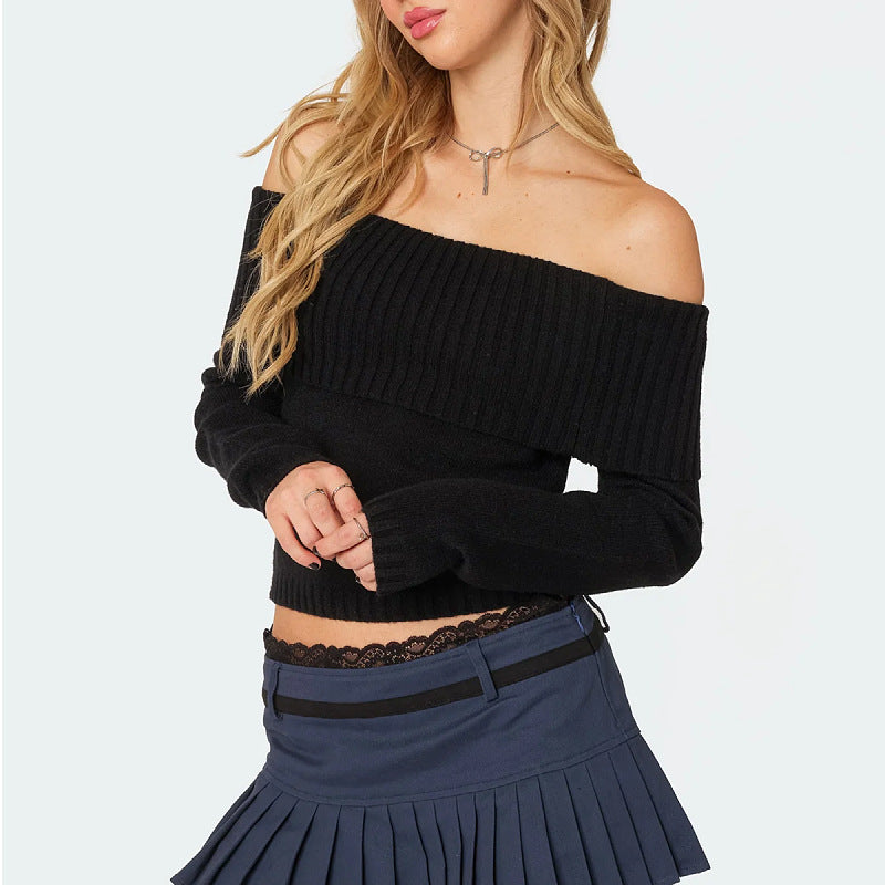 Autumn and Winter New Top Women's Solid Color One Piece Collar Off Shoulder Long Sleeve Hoodie Sweater for Women - The Nex Store
