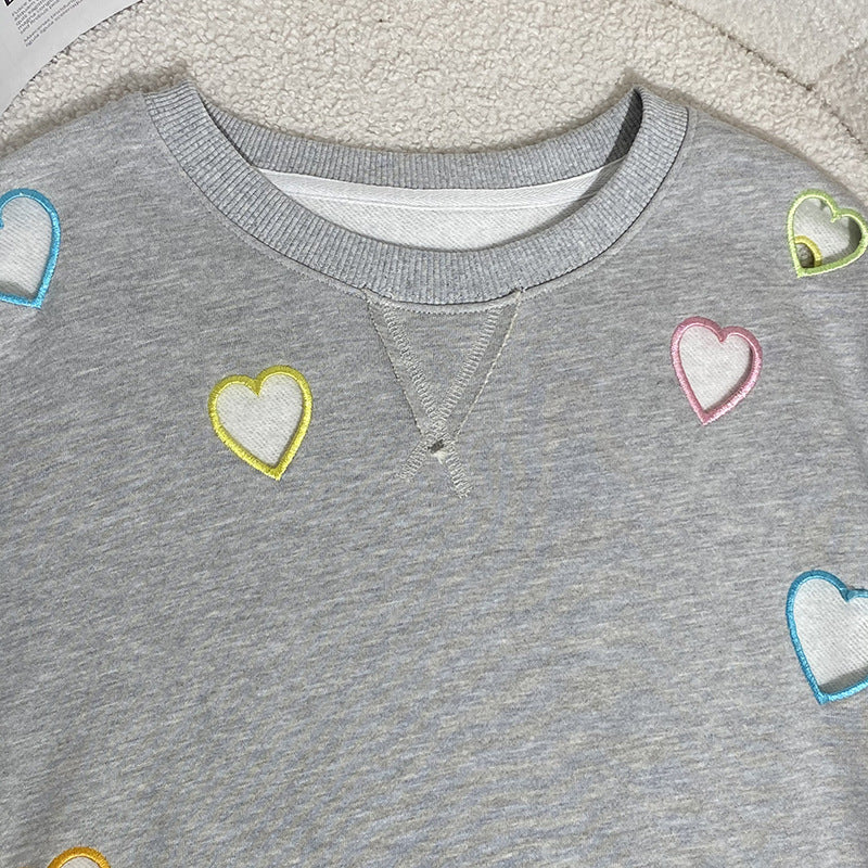 Small niche autumn and winter new grey round neck hollow out heart embroidered long sleeved hoodie for women - The Nex Store