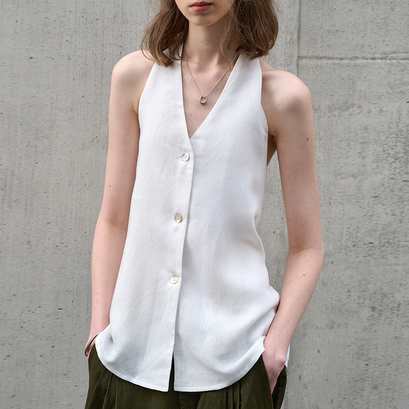 Elegant Retro V-Neck Halter Strapless Top Women Tencel Linen Large Backless Tie Sleeveless Blouse Linen Sexy Camisole Summer - The Nex Store