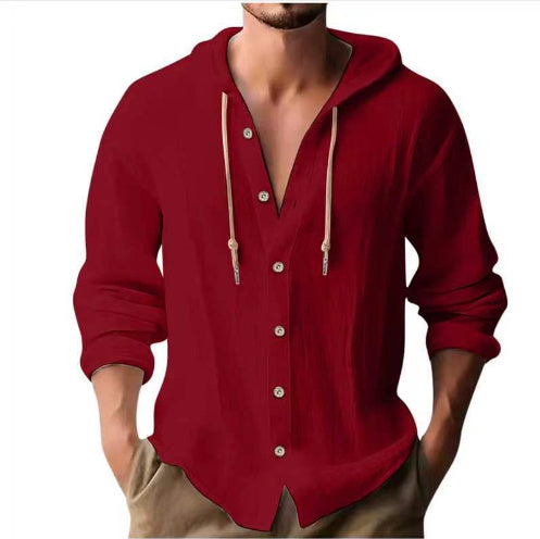 Cotton And Linen Shirt Hooded Sweater Button Long Sleeve - The Nex Store