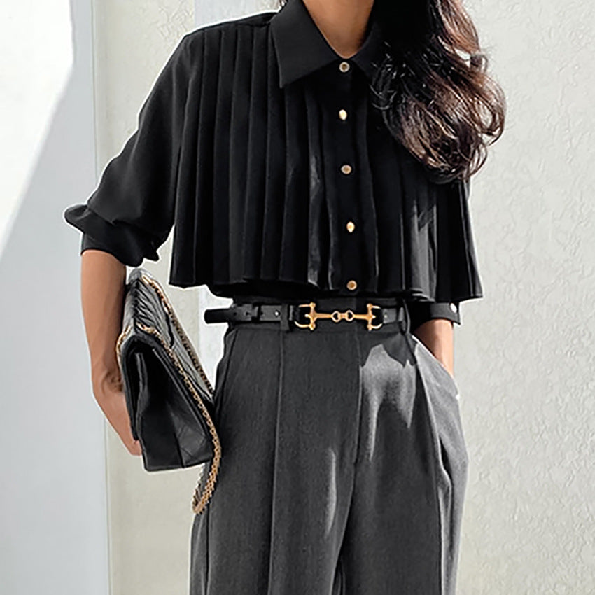 Early autumn pleated French white shirt women's long sleeved chiffon top commuting professional women's clothing - The Nex Store