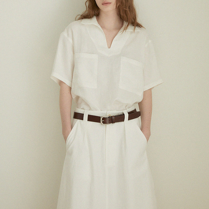 Linen Shirt V-neck Loose Women's High-end Blouse Summer Wide Silhouette Short-sleeved Turn-down Collar Top - The Nex Store
