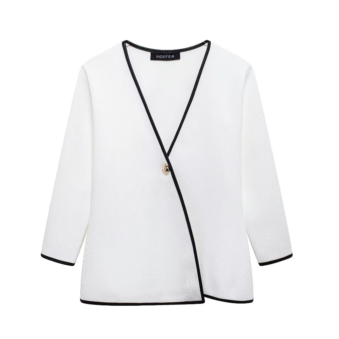 European and American autumn new style temperament V-neck contrasting side length sleeves solid color cardigan for women - The Nex Store