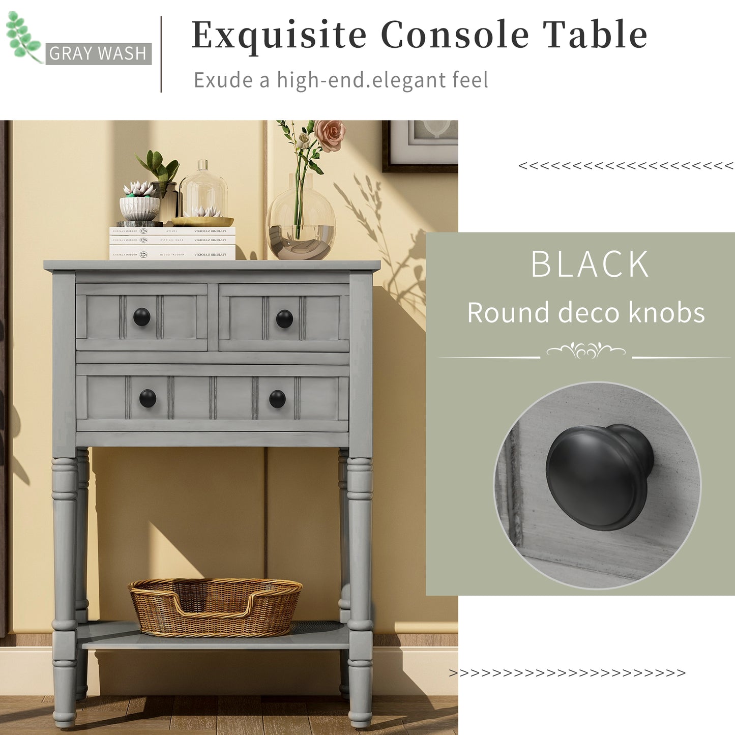 TREXM Narrow Console Desk, Thin Sofa Table with Three Storage Drawers and Living Room Bottom Shelves (Grey Washed) - The Nex Store
