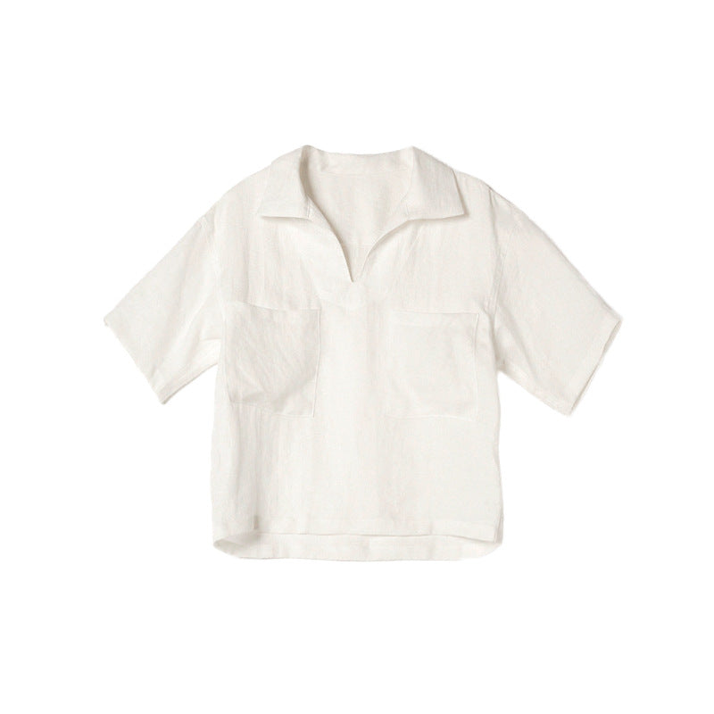 Linen Shirt V-neck Loose Women's High-end Blouse Summer Wide Silhouette Short-sleeved Turn-down Collar Top - The Nex Store