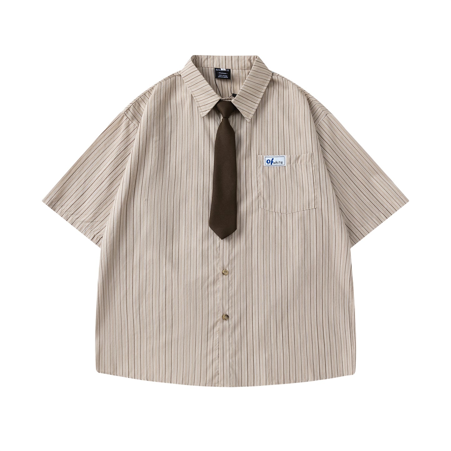 Striped Short-Sleeved Shirt Unisex College Style Loose Fit All-Match Dress Shirt with Tie - The Nex Store