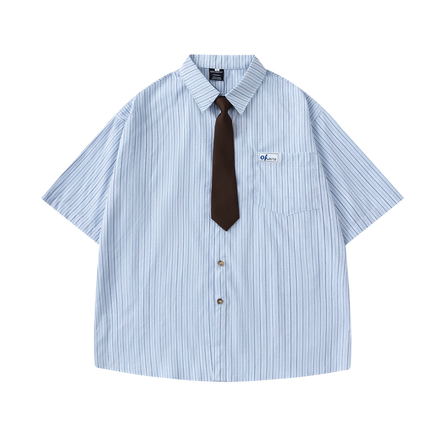 Striped Short-Sleeved Shirt Unisex College Style Loose Fit All-Match Dress Shirt with Tie - The Nex Store