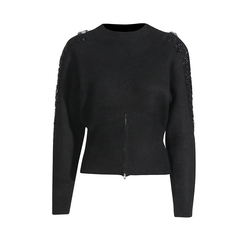 Elegant temperament, solid color waist cinched knit sweater, nail bead chain design, round neck pullover sweater for women - The Nex Store