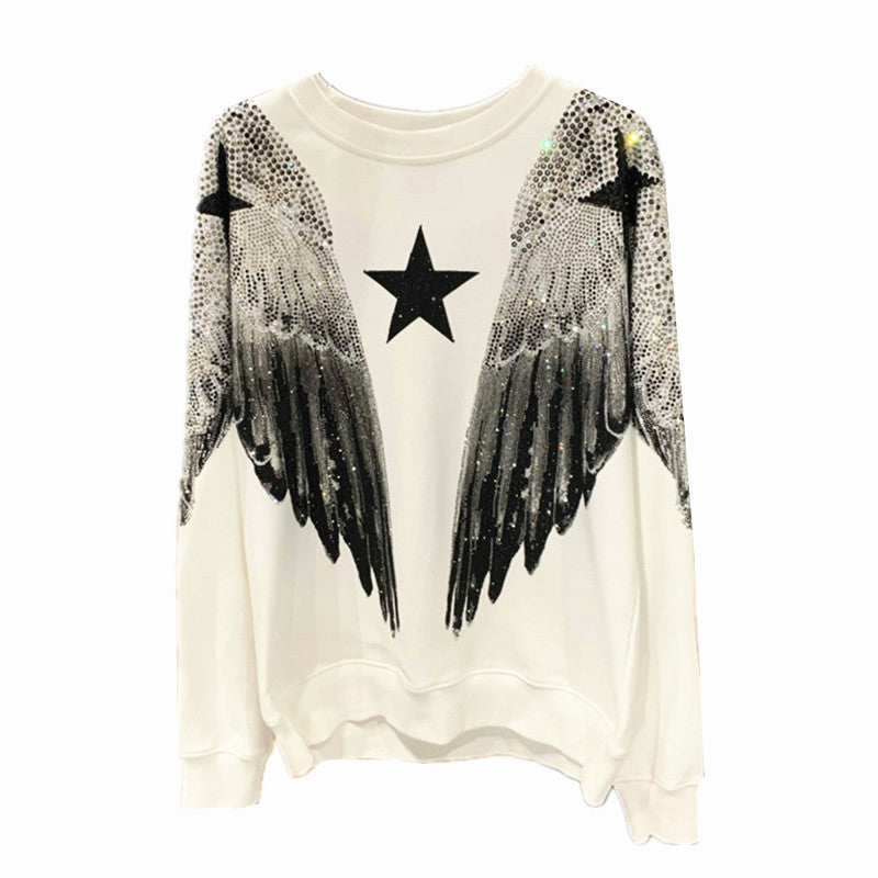 Autumn and winter luxury fashion hoodie for men and women, heavy-duty hot stamping, full diamond, large wings, wings, round neck pullover, couple style - The Nex Store