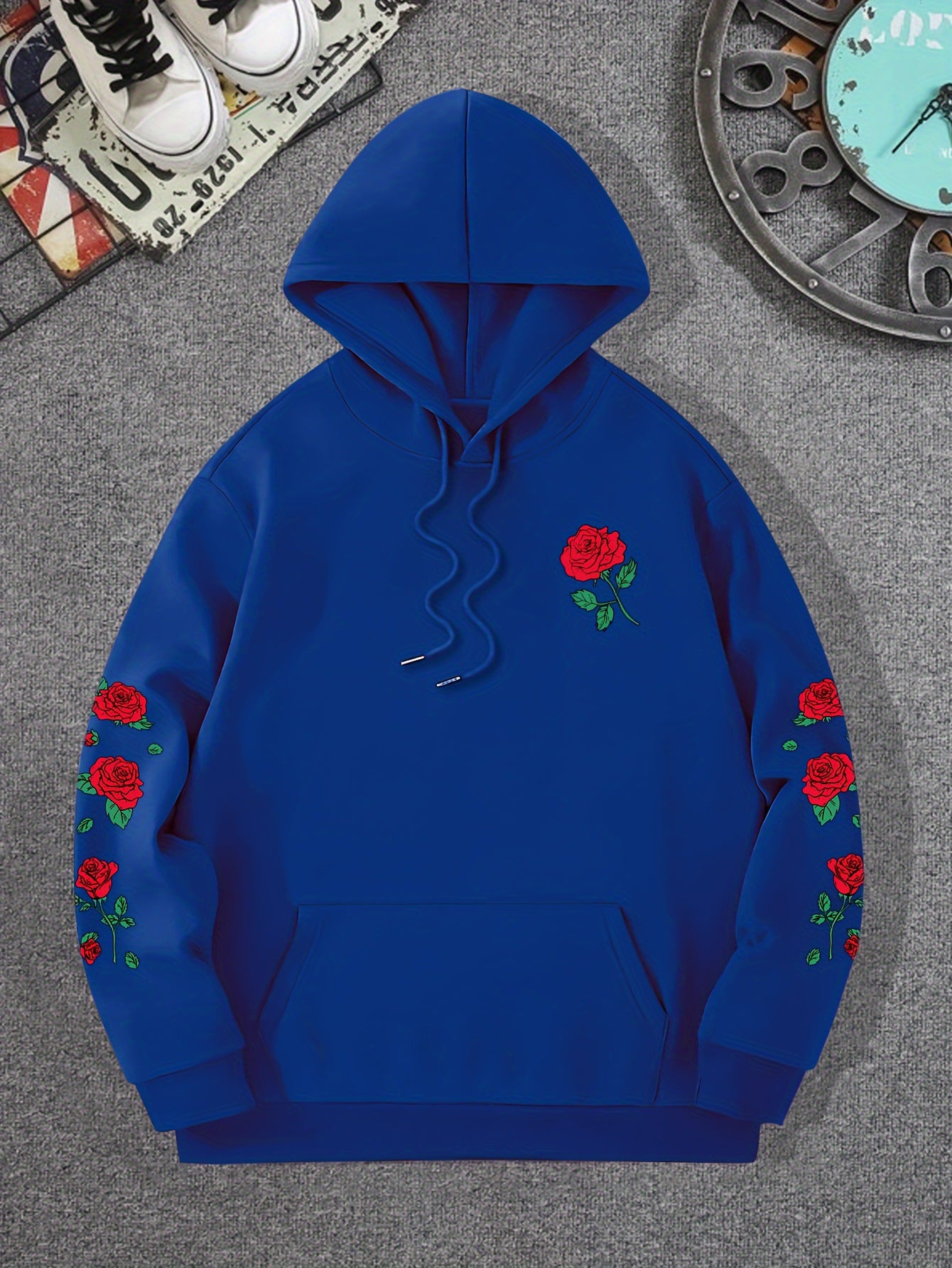 New printed red rose off shoulder sweatshirt casual street men's and women's sportswear pullover loose hoodie - The Nex Store