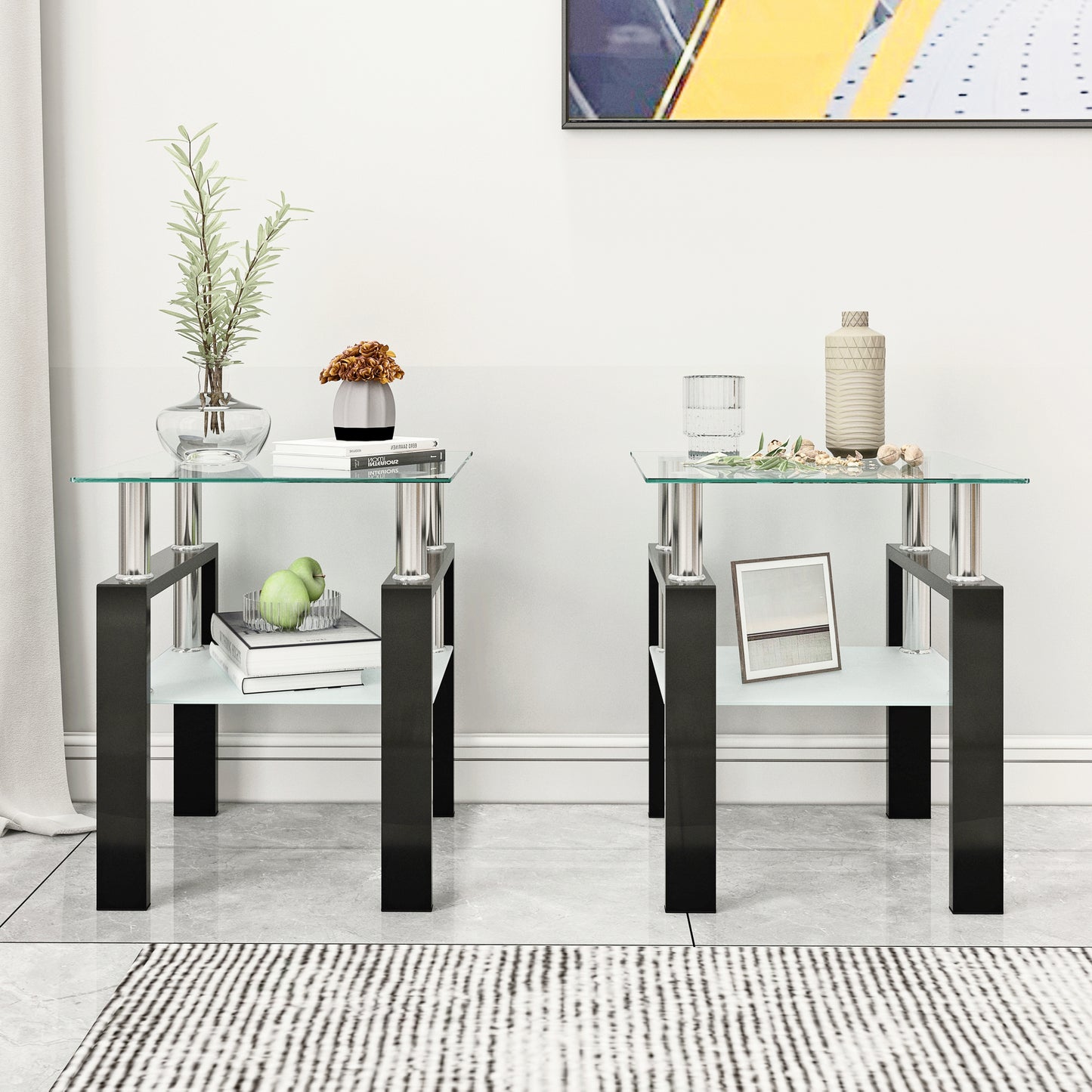 Set of 2, Modern Tempered Glass Tea Table Coffee Table End Table, Square Table for Living Room, Transparent/Black - The Nex Store