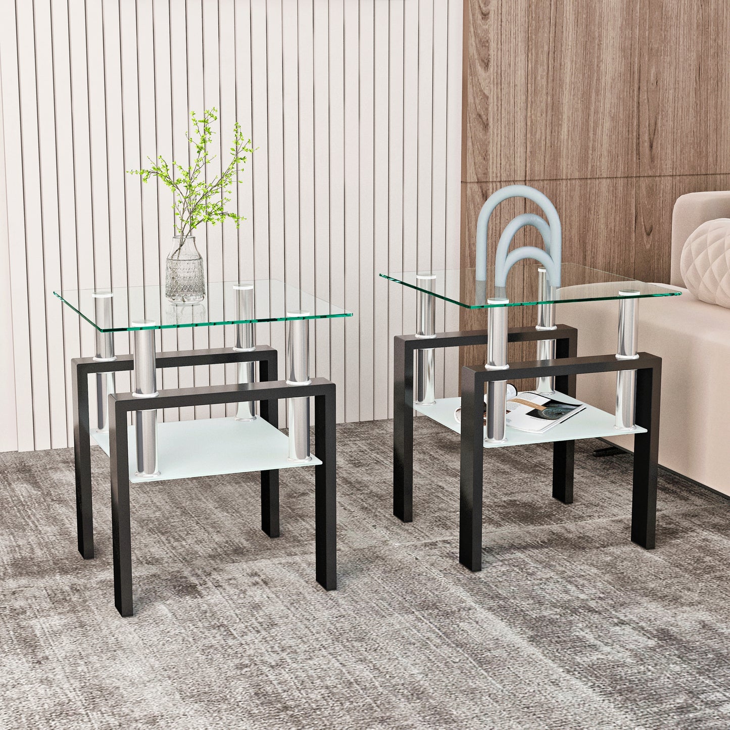 Set of 2, Modern Tempered Glass Tea Table Coffee Table End Table, Square Table for Living Room, Transparent/Black - The Nex Store