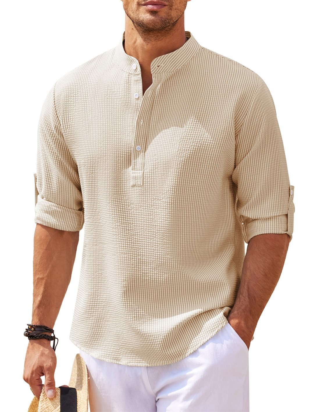 Men's Casual Shirt Long Sleeve Stand Collar Solid Color Shirt Mens Clothing - The Nex Store