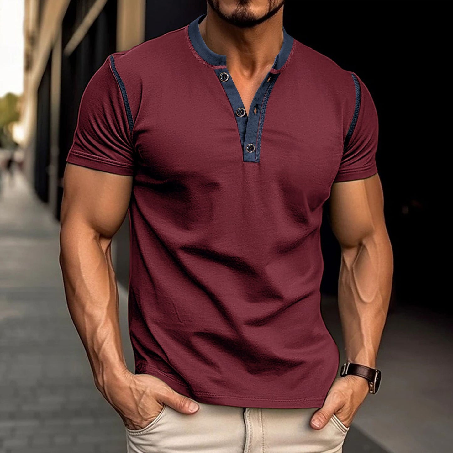 Fashion Short-sleeved Polo Shirt Summer Button V-neck T-shirt Tops Mens Clothing - The Nex Store