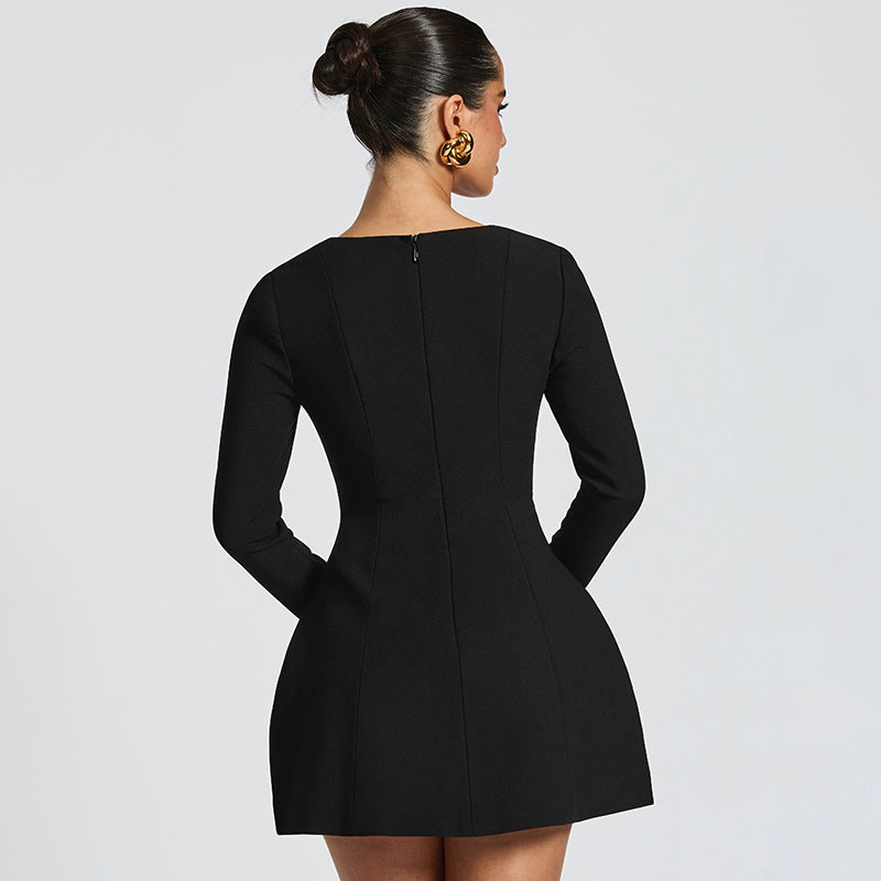 Women's Deep V-neck Solid Color Cap Sleeve Fake Pocket A-line Dress - The Nex Store