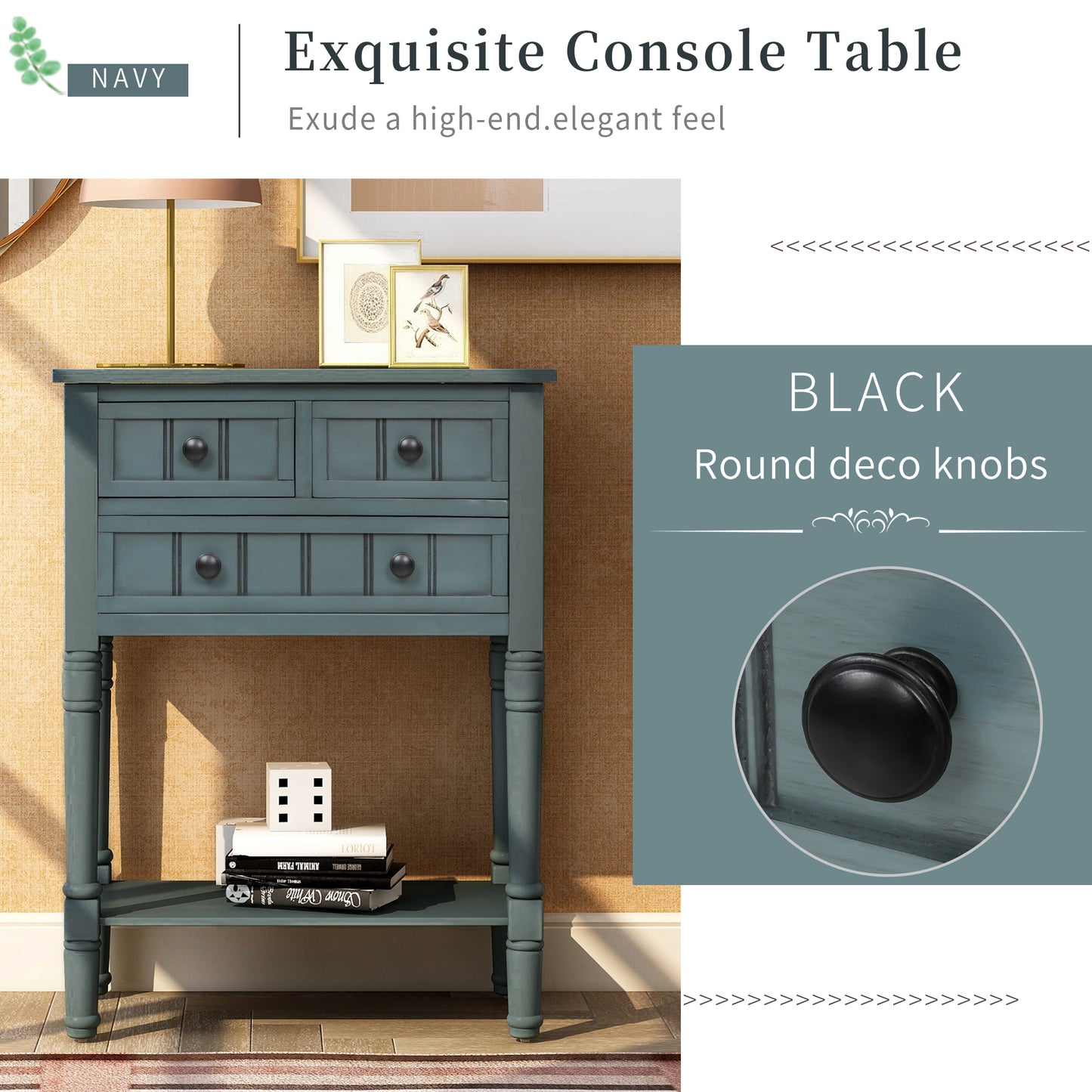 TREXM Narrow Console Table, Slim Sofa Table with Three Storage Drawers and Bottom Shelf for Living Room, Easy Assembly (Navy) - The Nex Store