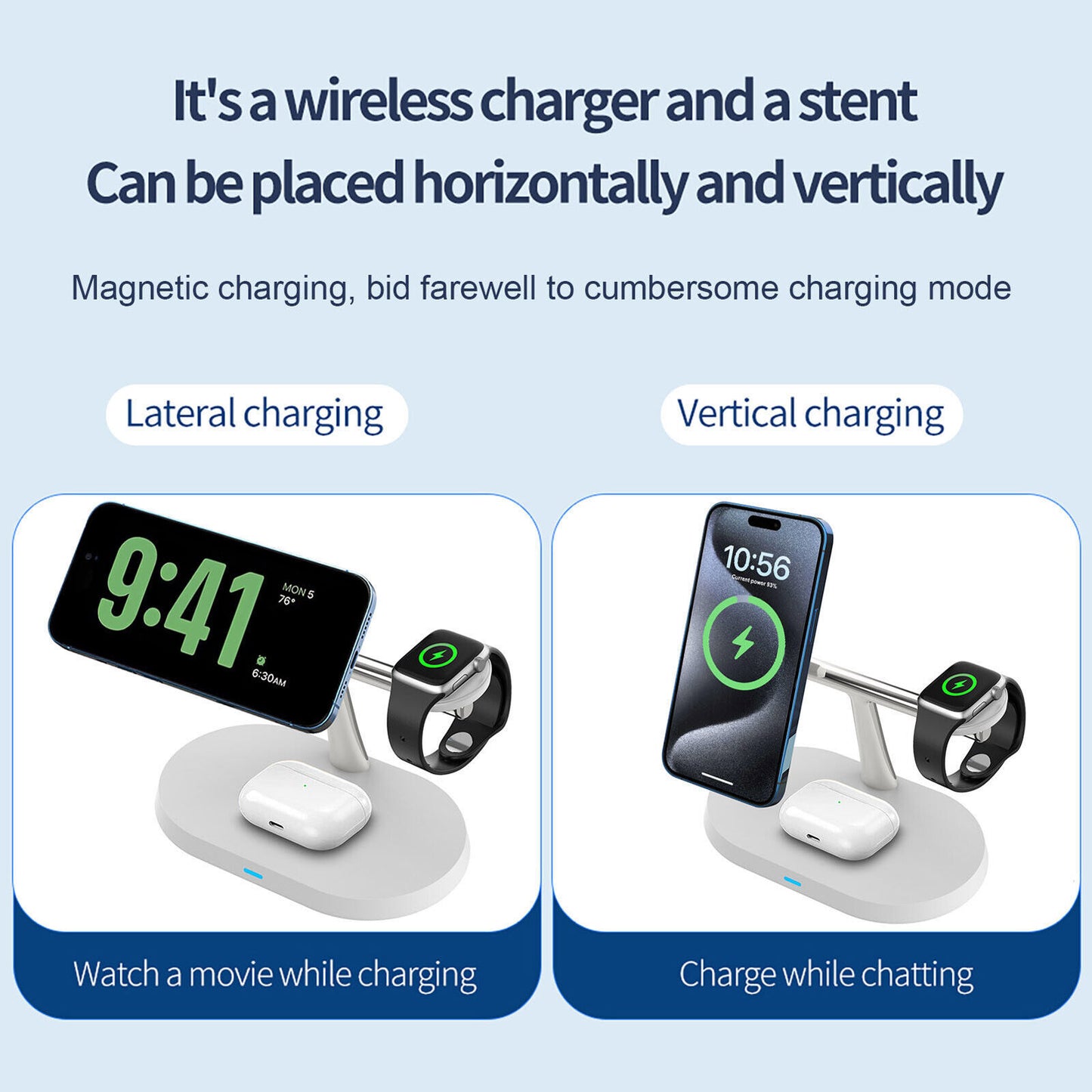 3in1 magnetic wireless charger stand showcasing horizontal and vertical charging for iPhone, Apple Watch, and AirPods.