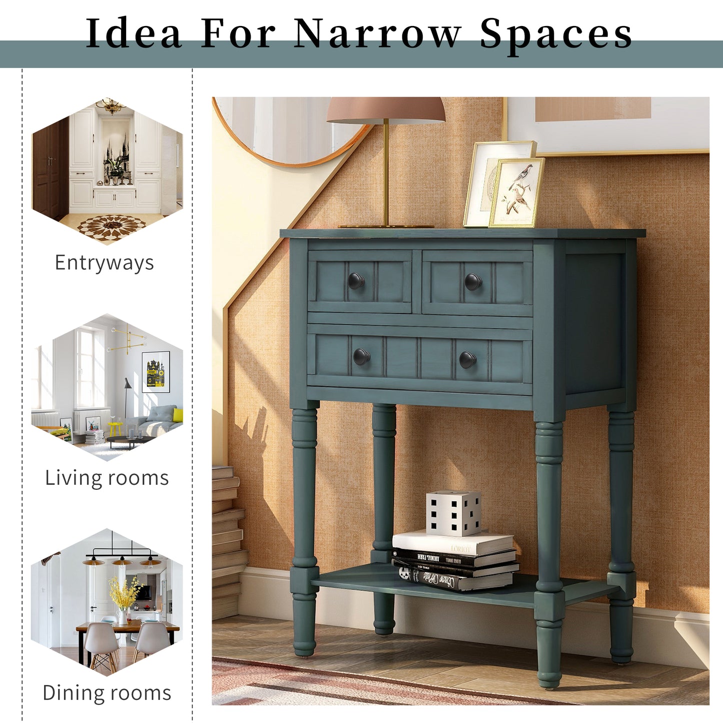 TREXM Narrow Console Table, Slim Sofa Table with Three Storage Drawers and Bottom Shelf for Living Room, Easy Assembly (Navy) - The Nex Store