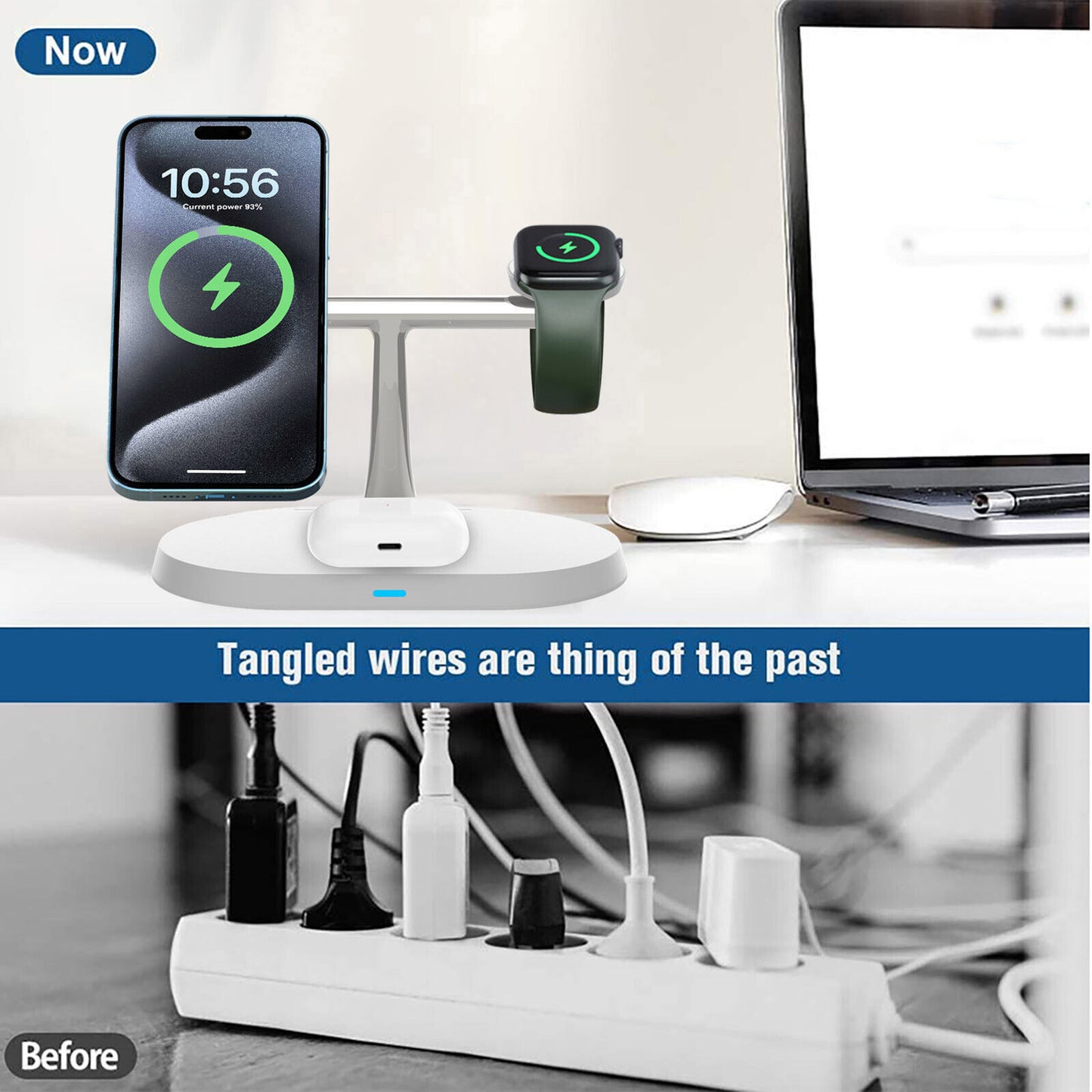 3-in-1 magnetic wireless charger stand for iPhone, Apple Watch, and AirPods, showcasing a clutter-free charging solution.