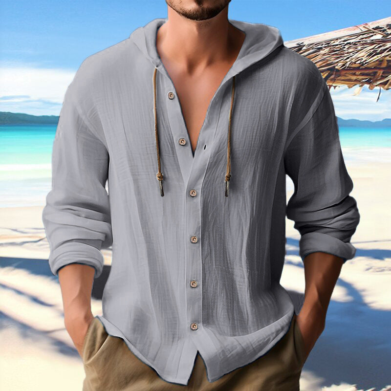 Cotton And Linen Shirt Hooded Sweater Button Long Sleeve - The Nex Store
