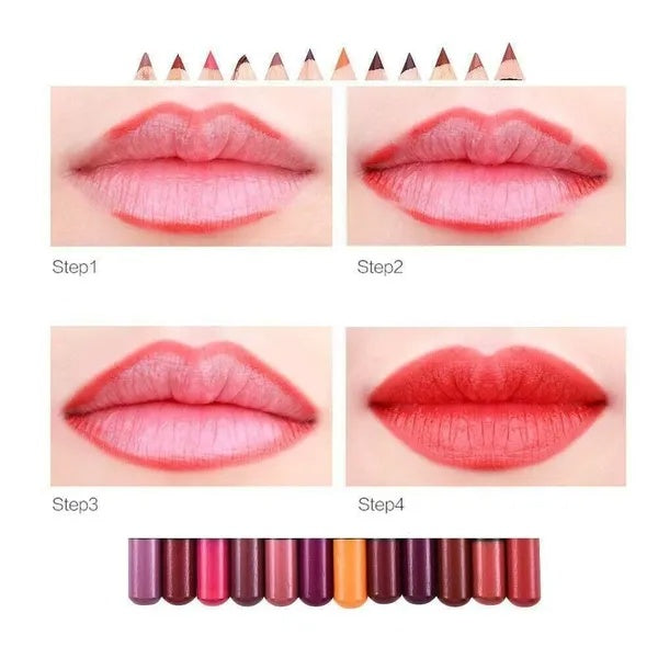 12Pcs Women Waterproof Lipstick Long Lasting Matte Lip Liner Pencil Lip Pen Set - The Nex Store