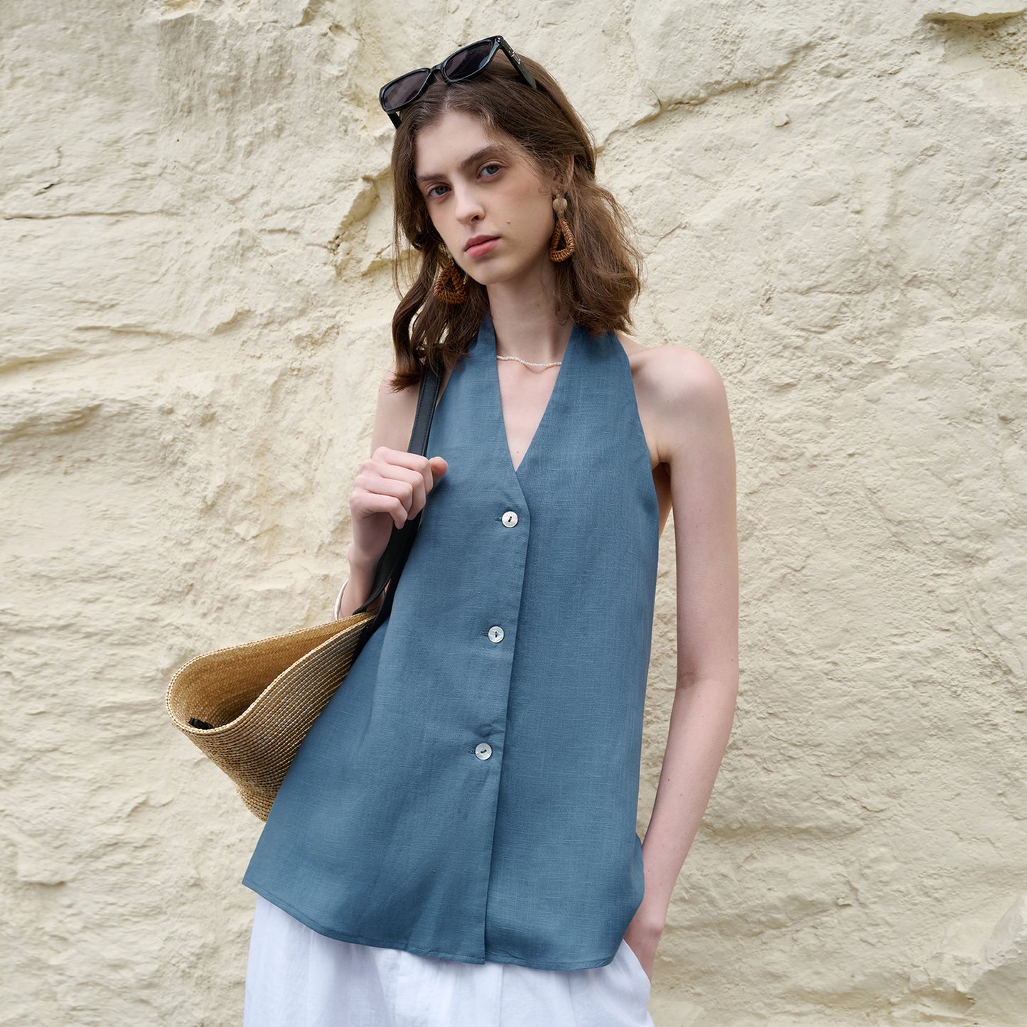 Elegant Retro V-Neck Halter Strapless Top Women Tencel Linen Large Backless Tie Sleeveless Blouse Linen Sexy Camisole Summer - The Nex Store
