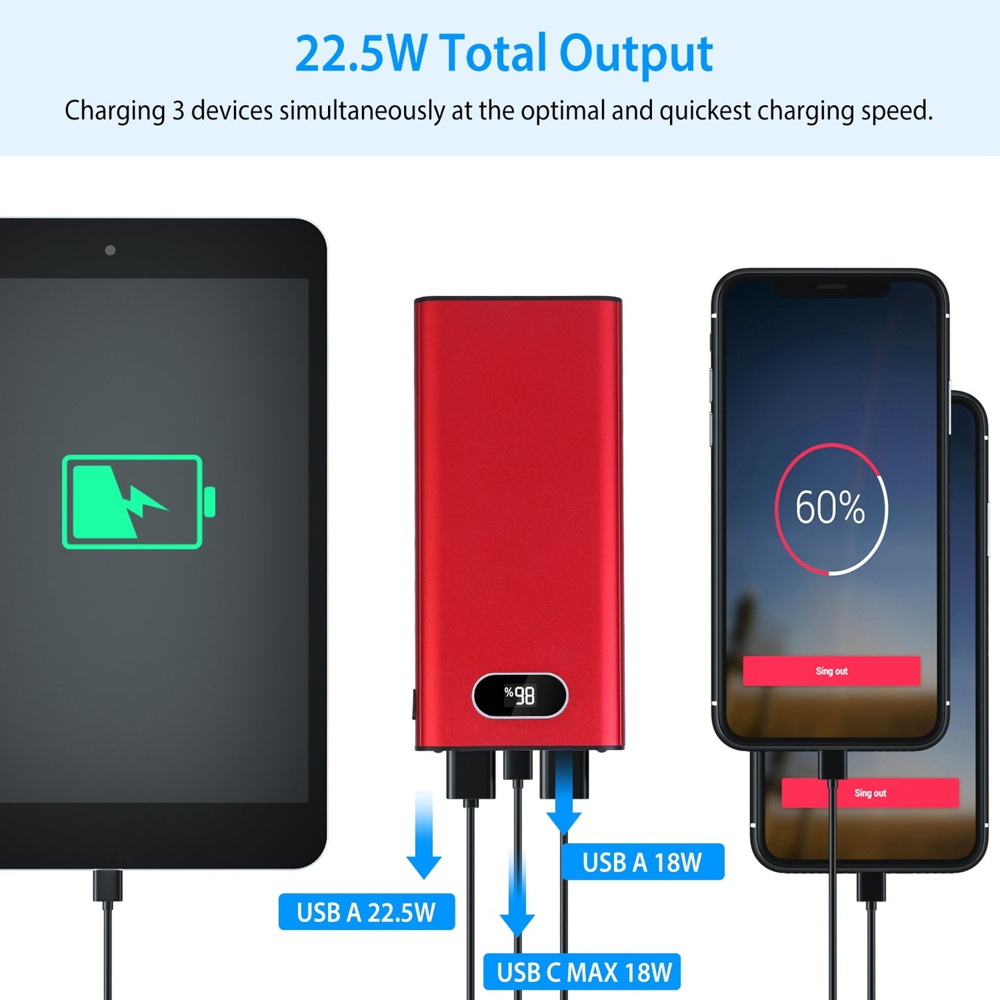 Green-Black-Red Color Options -- 1Pc 20000Mah Power Bank Portable Charger External Battery Pack 22.5W Super Fast Charging With LED Display Flashlight Fit For IOS Phone - The Nex Store