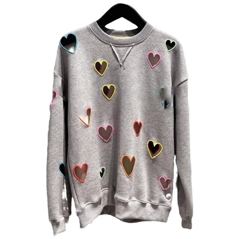 Small niche autumn and winter new grey round neck hollow out heart embroidered long sleeved hoodie for women - The Nex Store