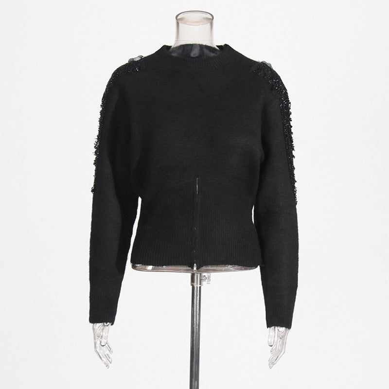 Elegant temperament, solid color waist cinched knit sweater, nail bead chain design, round neck pullover sweater for women - The Nex Store