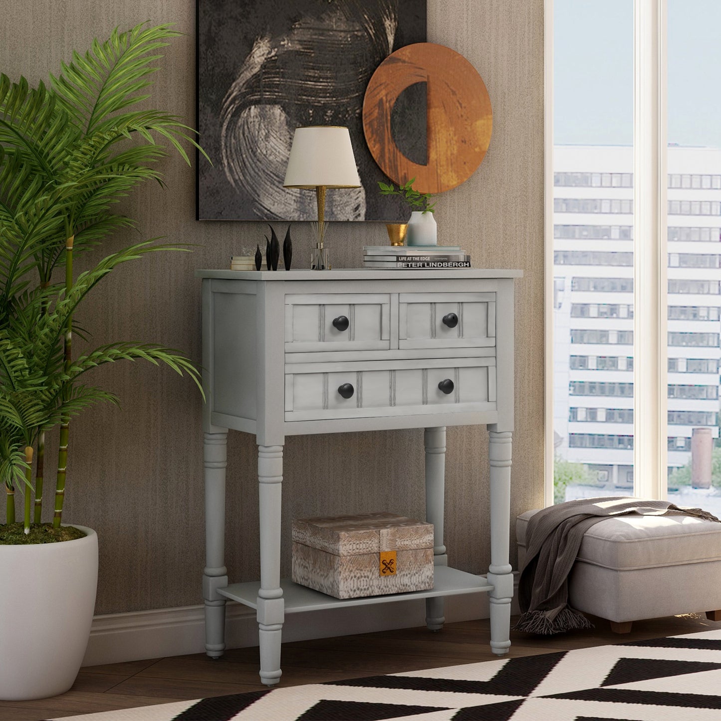 TREXM Narrow Console Desk, Thin Sofa Table with Three Storage Drawers and Living Room Bottom Shelves (Grey Washed) - The Nex Store